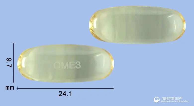 파마오메가연질캡슐(오메가-3-산에틸에스테르90) 앞뒤 사진 (노란색·투명 캡슐, 각인 OME3)