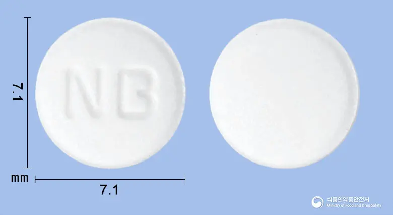 피리존정(피오글리타존염산염) 앞뒤 사진 (흰색 원형, 각인 NB)