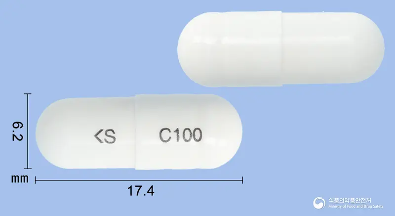 셀로스타서방캡슐100밀리그램(실로스타졸) 앞뒤 사진 (흰색 캡슐, 각인 C100)
