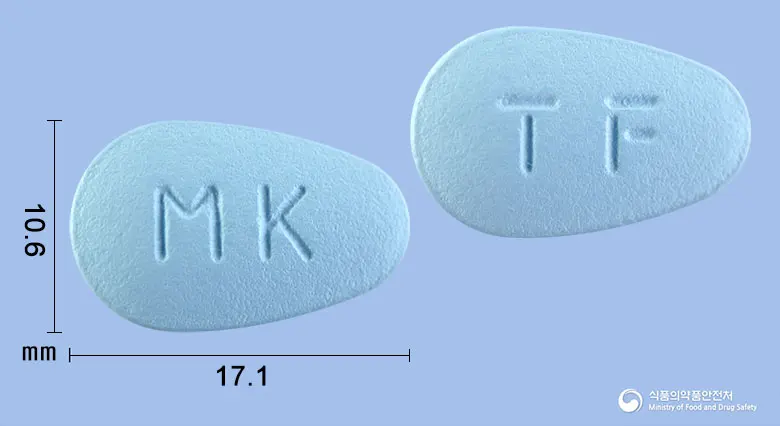 테노포버정(테노포비르디소프록실푸마르산염) 앞뒤 사진 (파란색 기타, 각인 MK / TF)
