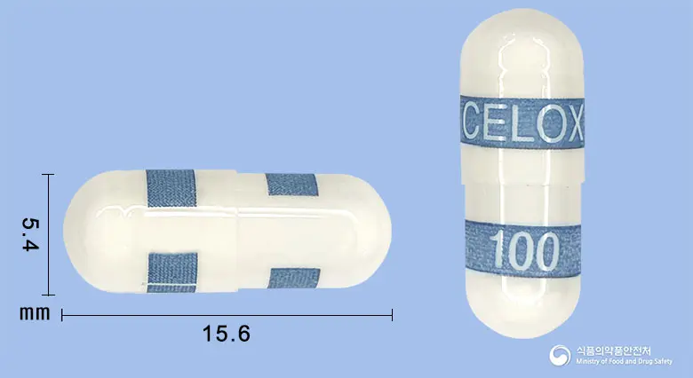 셀록스캡슐100mg(세레콕시브) 앞뒤 사진 (흰색 캡슐, 각인 CELOX100)