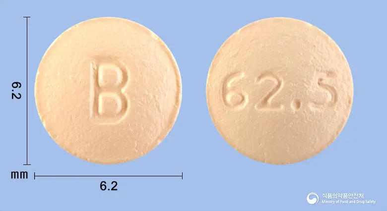 카나보센정62.5밀리그램(보센탄수화물(미분화)) 앞뒤 사진 (분홍색 원형, 각인 B / 62.5)