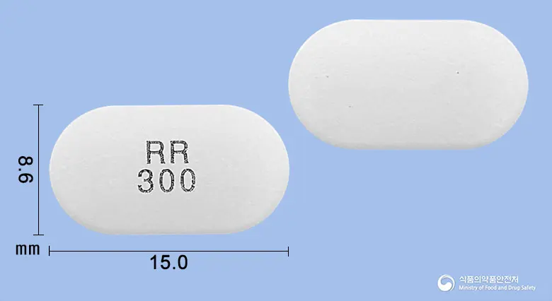 사포렐리서방정300밀리그램(사르포그렐레이트염산염) 앞뒤 사진 (흰색 장방형, 각인 RR300)