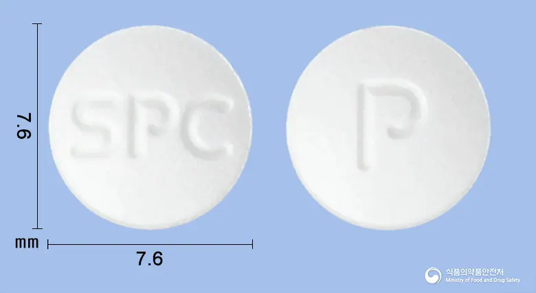 네오맥정75밀리그램(폴라프레징크) 앞뒤 사진 (흰색 원형, 각인 SPC / P)