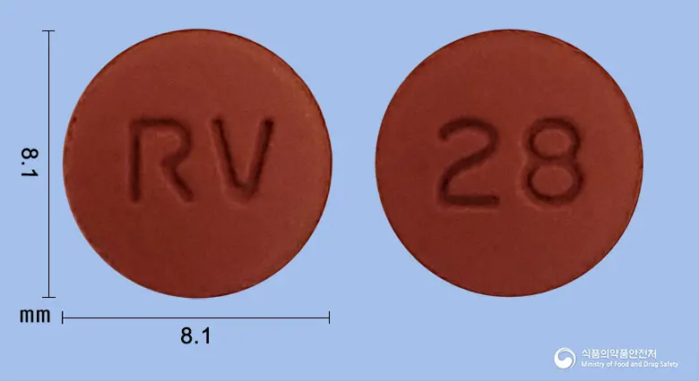 로바르탄정20/80밀리그램 앞뒤 사진 (빨간색 원형, 각인 RV / 28)