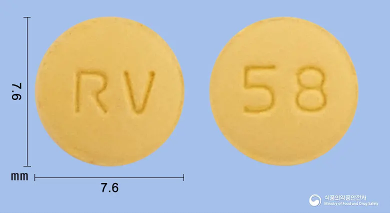 로바르탄정5/80밀리그램 앞뒤 사진 (노란색 원형, 각인 RV / 58)