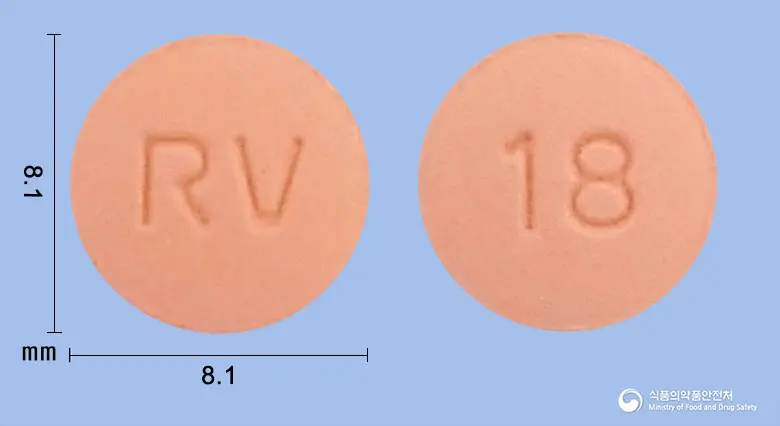 로바르탄정10/80밀리그램 앞뒤 사진 (분홍색 원형, 각인 RV / 18)