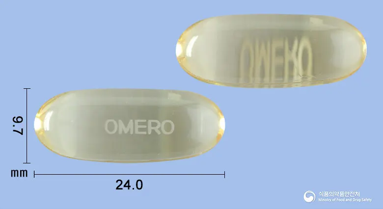 오메로연질캡슐(오메가-3-산에틸에스테르90) 앞뒤 사진 (노란색·투명 캡슐, 각인 OMERO)