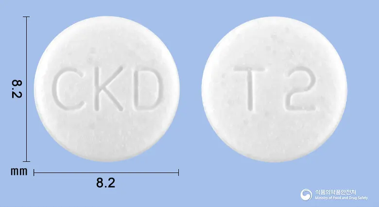 타무날서방정0.2밀리그램(탐스로신염산염) 앞뒤 사진 (흰색 원형, 각인 CKD / T2)