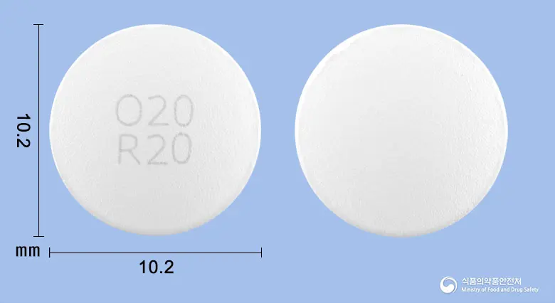 올르메틴정20/20밀리그램 앞뒤 사진 (흰색 원형, 각인 O 20R 20)