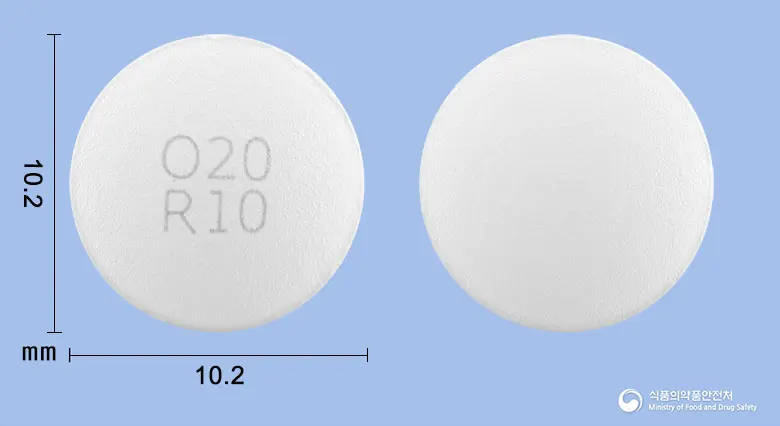 올르메틴정20/10밀리그램 앞뒤 사진 (흰색 원형, 각인 O 20R 10)
