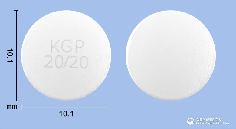 유메로정20/20mg 앞뒤 사진 (흰색 원형, 각인 KGP20/20)