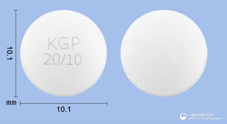 유메로정20/10mg 앞뒤 사진 (흰색 원형, 각인 KGP20/10)