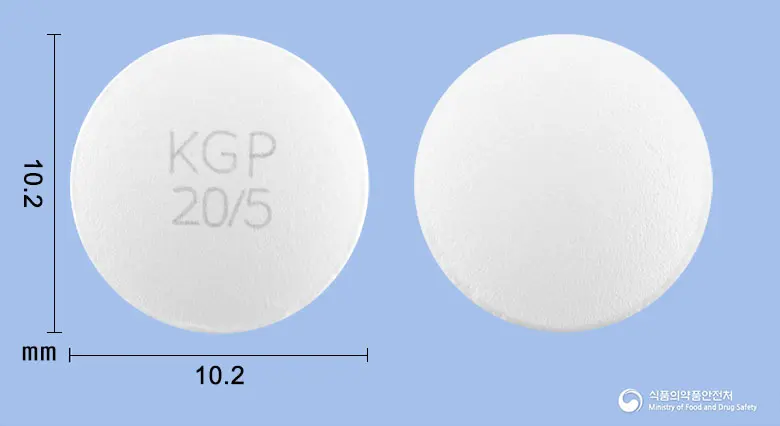 유메로정20/5mg 앞뒤 사진 (흰색 원형, 각인 KGP20/5)