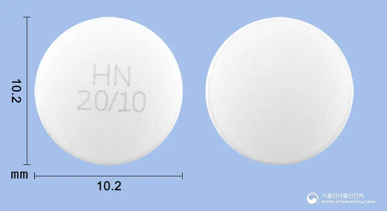 올프로정20/10밀리그램 앞뒤 사진 (흰색 원형, 각인 HN20/10)