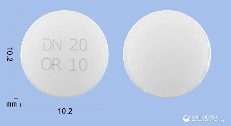 올로듀엣정20/10밀리그램 앞뒤 사진 (흰색 원형, 각인 N 20OR 10)