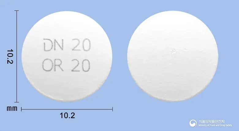 올로듀엣정20/20밀리그램 앞뒤 사진 (흰색 원형, 각인 N 20OR 20)