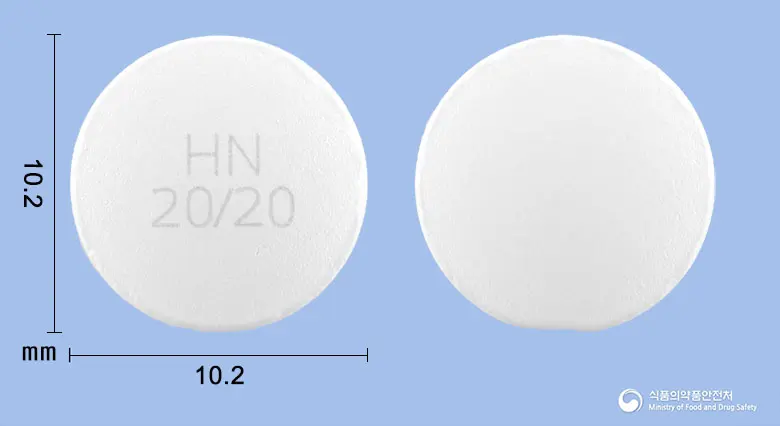 올프로정20/20밀리그램 앞뒤 사진 (흰색 원형, 각인 HN20/20)