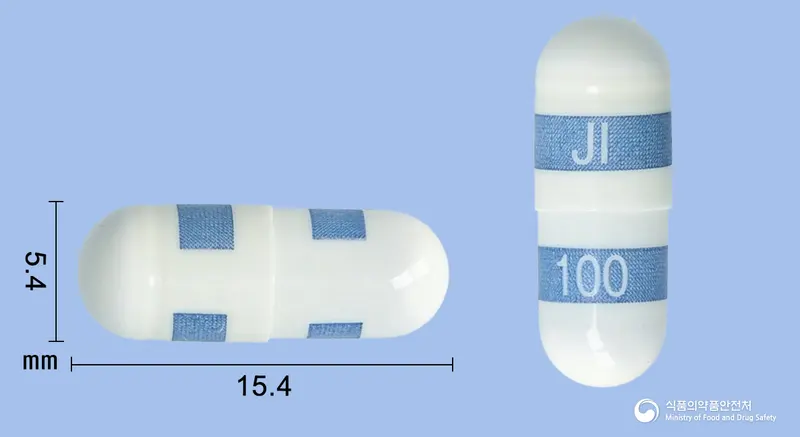쎄레브린즈캡슐100밀리그램(세레콕시브) 앞뒤 사진 (흰색·파란색 캡슐, 각인 JI 100)