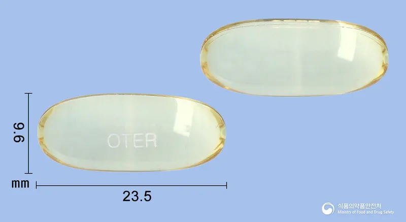 오테르연질캡슐(오메가-3-산에틸에스테르90) 앞뒤 사진 (노란색·투명 캡슐, 각인 OTER)