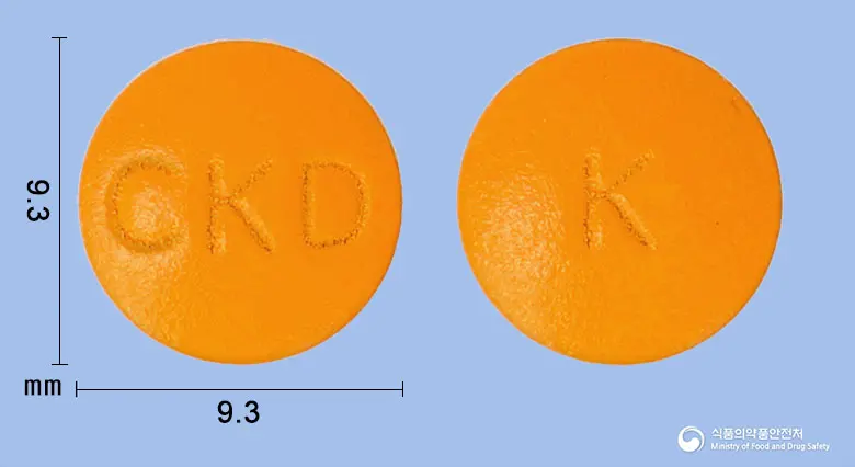 이튼큐플러스정 앞뒤 사진 (주황색 원형, 각인 CKD / K)