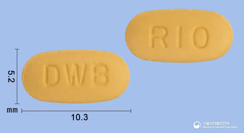 로에제정10/10밀리그램 앞뒤 사진 (주황색 타원형, 각인 DWB / RI0)