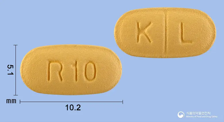 로미젯정10/10밀리그램 앞뒤 사진 (주황색 타원형, 각인 R10 / K L)