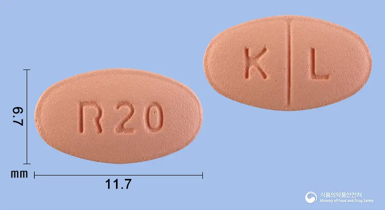 로미젯정10/20밀리그램 앞뒤 사진 (분홍색 타원형, 각인 R20 / K L)