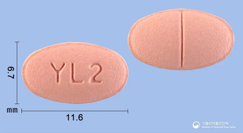 크레바젯정10/20밀리그램 앞뒤 사진 (분홍색 타원형, 각인 YL2)