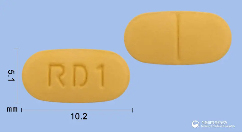 로바듀엣정10/10밀리그램 앞뒤 사진 (분홍색 타원형, 각인 RD1)