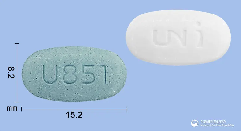 텔로타틴정80/5/10밀리그램 앞뒤 사진 (파란색 타원형, 각인 U851)