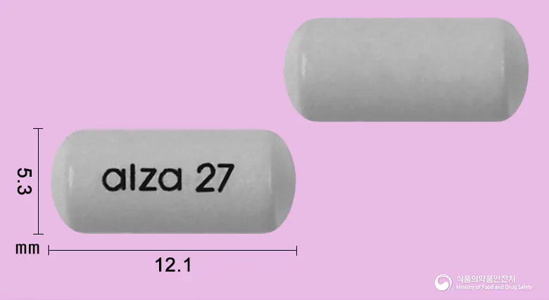콘서타OROS서방정27밀리그램(메틸페니데이트염산염) 앞뒤 사진 (회색 장방형, 각인 alza 27)