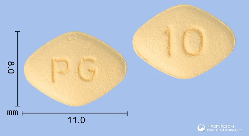 다플로진정10mg(다파글리플로진무수유당혼합물) 앞뒤 사진 (주황색 마름모형, 각인 PG / 10)