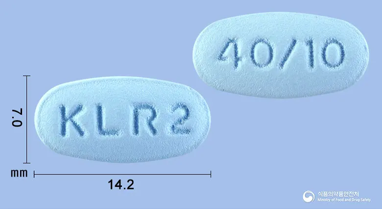 로미텔정40/10밀리그램(텔미사르탄,로수바스타틴칼슘) 앞뒤 사진 (파란색 타원형, 각인 KL R2 / 40/10)