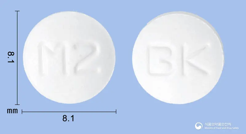 서카레딥서방정2밀리그램(멜라토닌) 앞뒤 사진 (흰색 원형, 각인 M2 / BK)