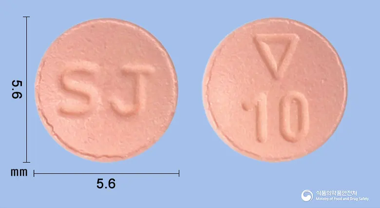 리복사반정10밀리그램(리바록사반) 앞뒤 사진 (분홍색 원형, 각인 SJ / ▽10)