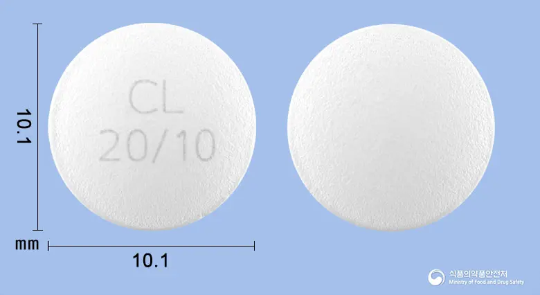 로셀메텍정20/10밀리그램 앞뒤 사진 (흰색 원형, 각인 CL20/10)