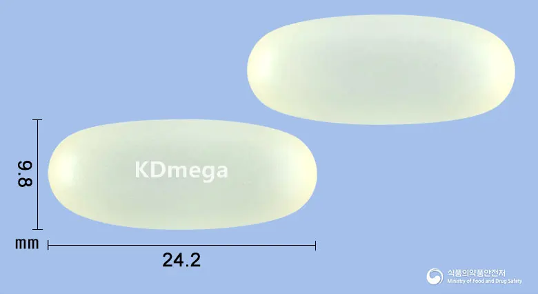 메가로반연질캡슐5/1000밀리그램 앞뒤 사진 (노란색·투명 캡슐, 각인 KDmega)