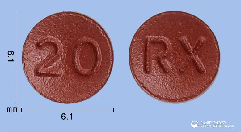 록사원정20밀리그램(리바록사반) 앞뒤 사진 (빨간색 원형, 각인 20 / RX)