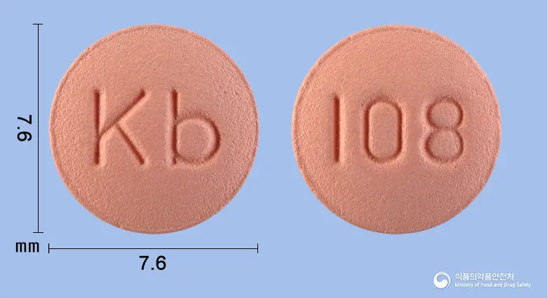 칸데로바정10/8밀리그램 앞뒤 사진 (분홍색 원형, 각인 Kb / 108)