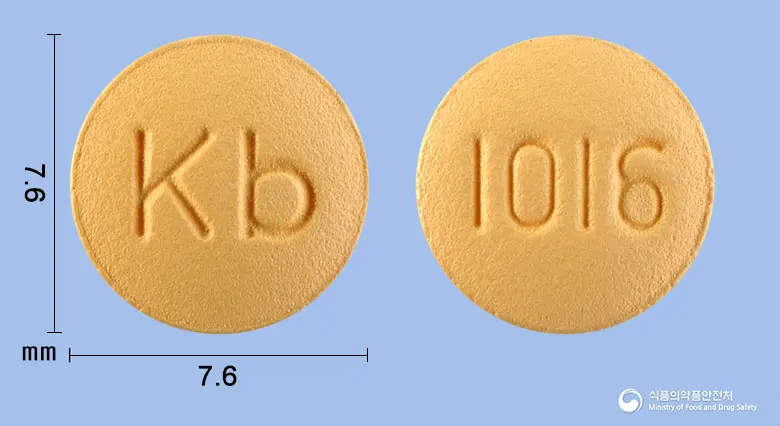 칸데로바정10/16밀리그램 앞뒤 사진 (주황색 원형, 각인 Kb / 1016)