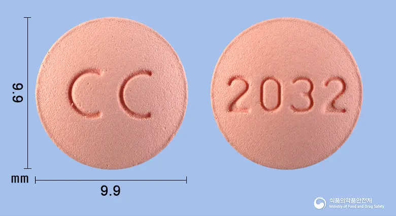 크레칸데정20/32밀리그램 앞뒤 사진 (분홍색 원형, 각인 CC / 2032)