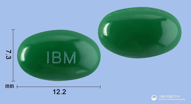 모닝톡장용연질캡슐 앞뒤 사진 (초록색 캡슐, 각인 IBM)