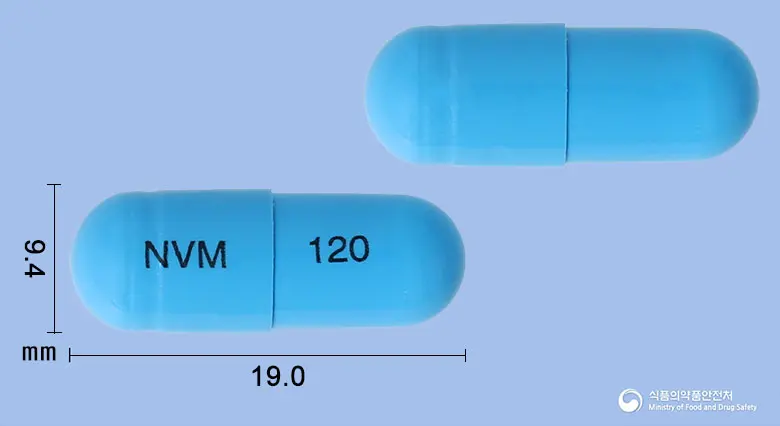 리피스림캡슐120밀리그램(오르리스타트) 앞뒤 사진 (파란색 캡슐, 각인 NVM 120)
