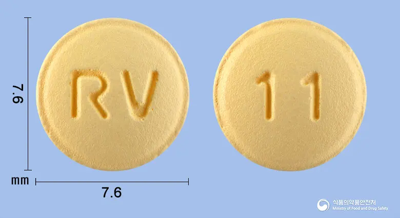 로바하이정5/80밀리그램 앞뒤 사진 (노란색 원형, 각인 RV / 11)