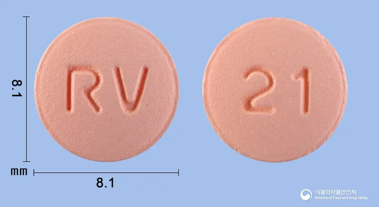 로바하이정10/80밀리그램 앞뒤 사진 (분홍색 원형, 각인 RV / 21)