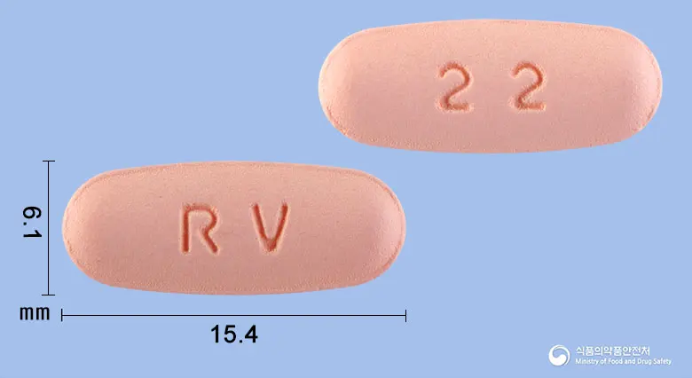 로바하이정10/160밀리그램 앞뒤 사진 (분홍색 타원형, 각인 RV / 22)