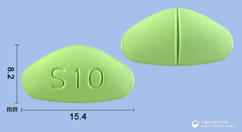 토르에스정100밀리그램(실데나필시트르산염) 앞뒤 사진 (연두색 삼각형, 각인 S10)