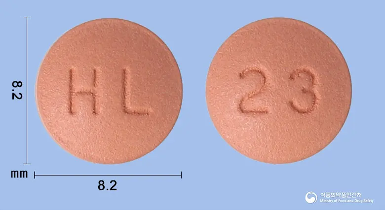 한림도네페질정23밀리그램(도네페질염산염수화물) 앞뒤 사진 (분홍색 원형, 각인 HL / 23)