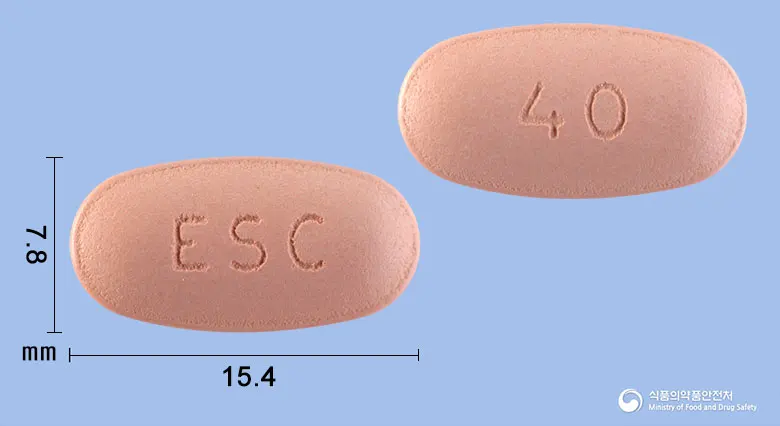 에소카정40/600밀리그램 앞뒤 사진 (분홍색 타원형, 각인 ESC / 40)